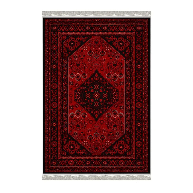 فرش ماشینی 1000 شانه هانوکس زمینه قرمز لاکی حاشیه چند رنگ مدل HAL.002.1