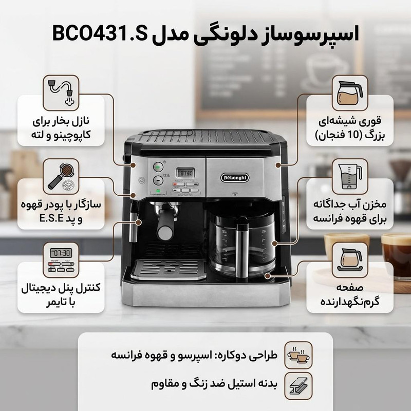 اسپرسوساز صنعتی 1200 میلی‌لیتری دلونگی مدل BCO431.S با مصرف پودر قهوه، مناسب تهیه اسپرسو، کافه لاته، کاپوچینو و فرانسه، دارای 2 عدد نازل قهوه، تنظیم میزان بخاردهی