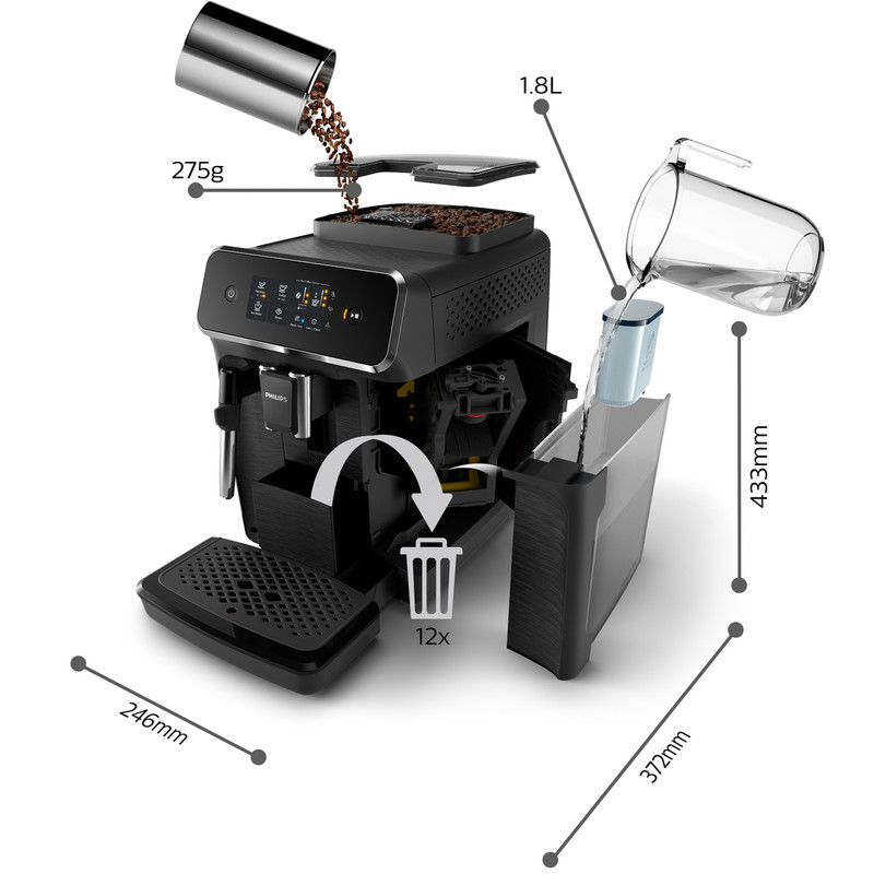 اسپرسوساز 1200 میلی‌لیتری فیلیپس مدل EP2220 با مصرف پودر قهوه، مناسب تهیه اسپرسو، کافه لاته، موکا، کاپوچینو، ماکیاتو، فلت وایت، لانگو و امریکانو، دارای 1 عدد نازل قهوه، سینی چکه گیر