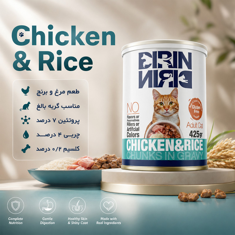 کنسرو غذای گربه دیرین دیرین مدل Chunk طعم مرغ و برنج وزن 425 گرم