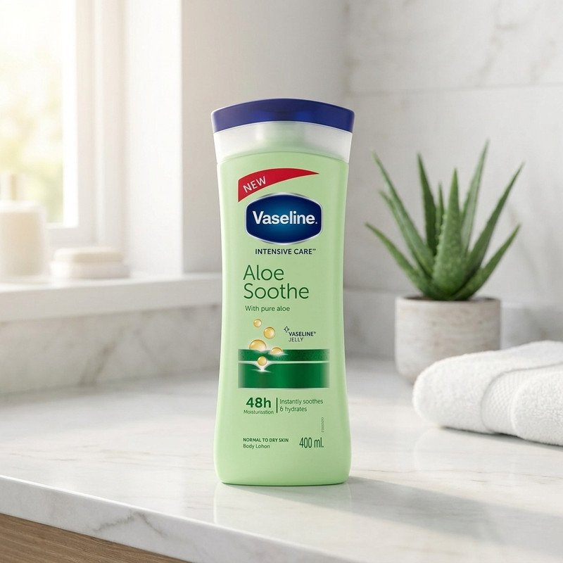 لوسیون بدن وازلین مدل Aloe Soothe حجم 400 میلی‌لیتر نرم‌کننده و آبرسان پوست خشک و معمولی با عصاره آلوئه ورا جذب سریع و حفظ لطافت و نرمی پوست بعد از استحمام