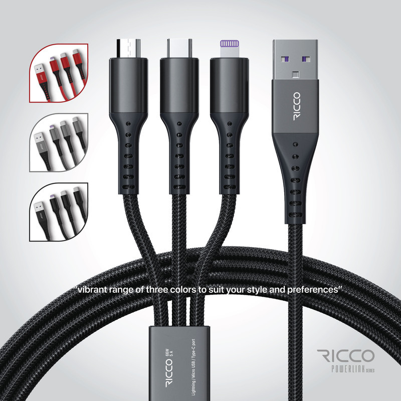 کابل تبدیل USB به لایتنینگ  MicroUSB  USB-C ریکو مدل پاورلینک طول 1.2 متر