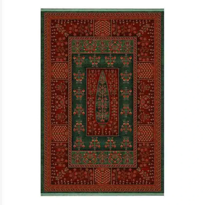 فرش ماشینی 700 شانه فرش ابریشمی کرامتیان زمینه سبز حاشیه لاکی مدل طرح سرو جاودان کد 5106B