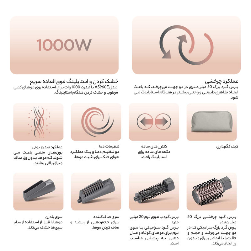 سشوار برس‌دار چرخشی 1000 وات بابیلیس مدل AS960E، موتور DC، وزن 530 گرم، المنت سرامیک، دارای سری چرخشی با ویژگی فرکنندگی، صاف‌کنندگی، حجم‌دهندگی، با قابلیت باد سرد