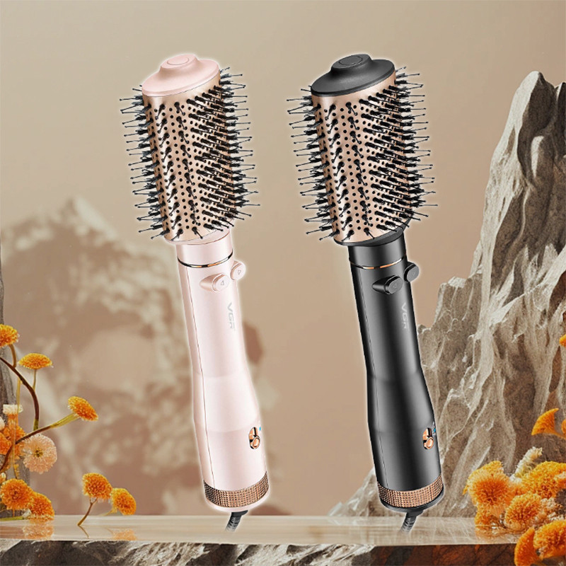 سشوار برس‌دار چرخشی 800 وات وی جی ار مدل V-494، موتور DC، وزن 300 گرم، المنت فلز، با قابلیت باد سرد، فناوری تولید یون، با قابلیت سیم گردان