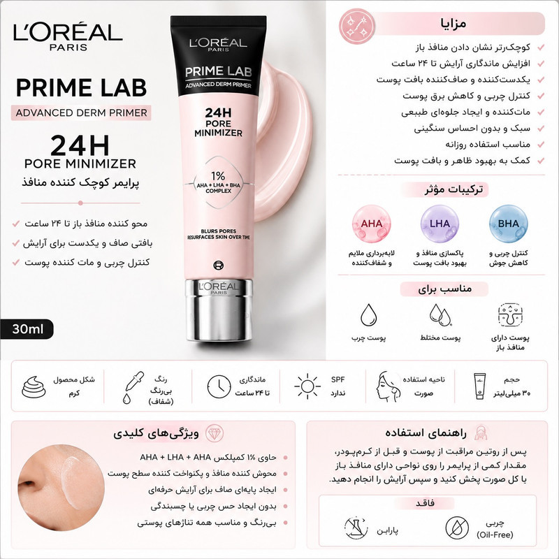 پرایمر صورت لورآل مدل Minimizer Primer مناسب انواع پوست حجم 30 میلی‌لیتر