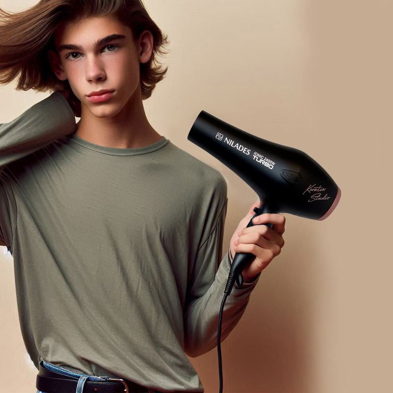سشوار حرفه‌ای 2400 وات نیلادس مدل Keratin Studio، موتور AC، وزن 550 گرم، المنت سرامیک تورمالین، دارای سری دیسپانسر، متمرکز‌کننده باریک، متمرکز‌کننده پهن با ویژگی فرکنندگی، صاف‌کنندگی، حجم‌دهندگی، با قابلیت باد سرد، فناوری تولید یون، دسته ارگونومیک