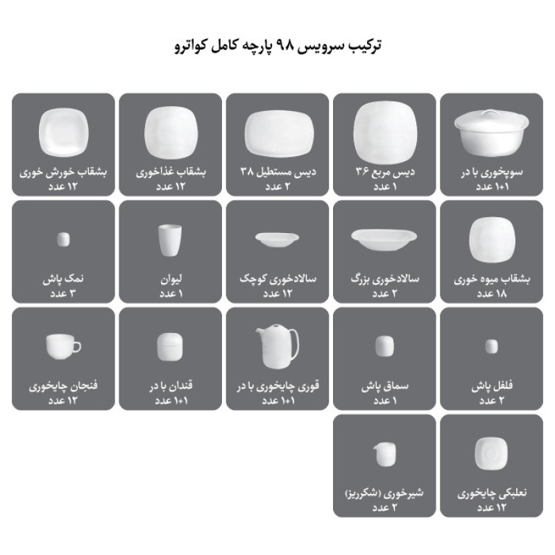 سرویس غذاخوری 98 پارچه چینی زرین ایران سری کواترو مدل وگاس اوریت درجه یک