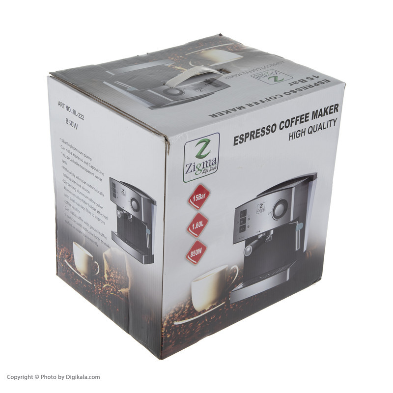 اسپرسو ساز خانگی 1.6 لیتری زیگما مدل RL-222، نیمه اتوماتیک با مصرف پودر قهوه، مناسب تهیه اسپرسو، کافه لاته، موکا و کاپوچینو، دارای یک عدد نازل قهوه، سیستم گرم کردن فنجان