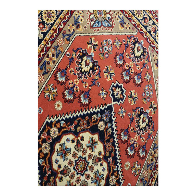 فرش ماشینی 320 شانه زمینه مسی حاشیه مسی مدل ستاره کویر یزد کلکسیون شاهسون کد SH-B005-5039
