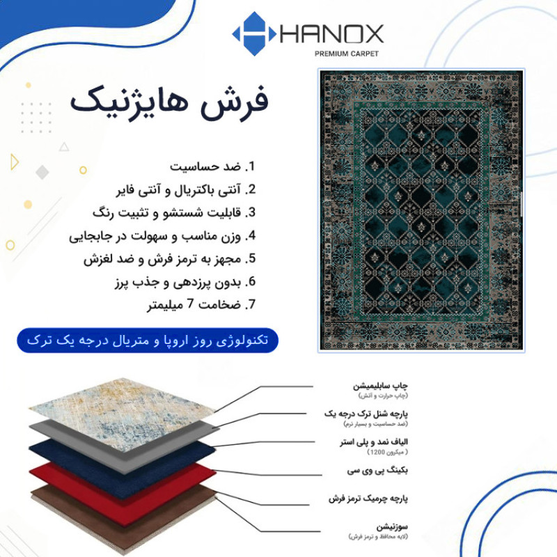 فرش ماشینی 1000 شانه هانوکس زمینه سبز حاشیه چند رنگ مدل مدرن کد L338