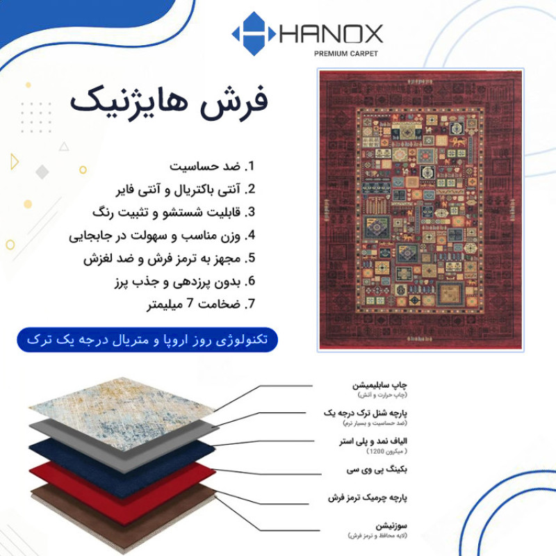 فرش ماشینی 1000 شانه هانوکس زمینه قهوه‌ای حاشیه چند رنگ مدل مدرن کد HAM.976.1