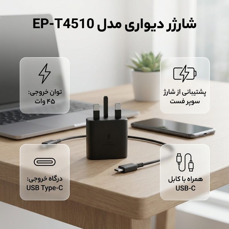 شارژر دیواری 45 وات مدل EP-T4510 به همراه کابل تبدیل USB-C