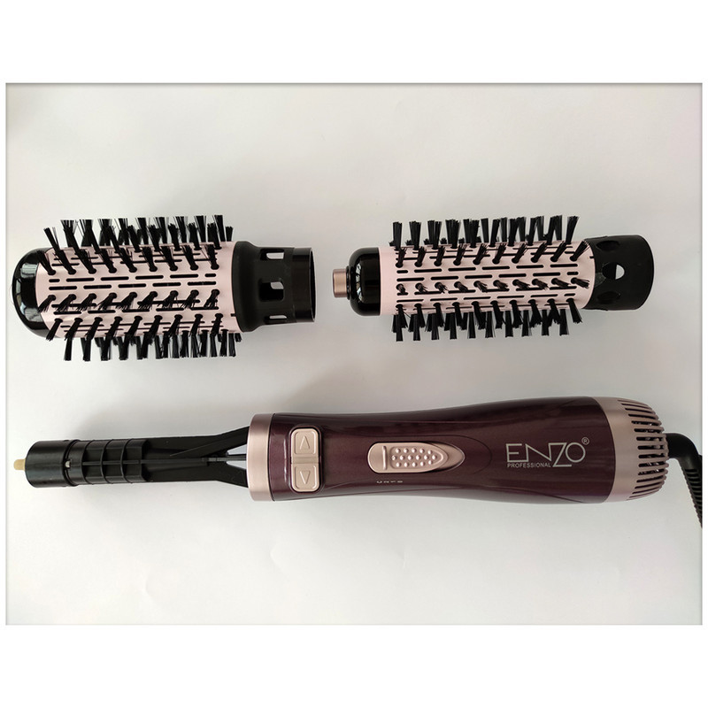 سشوار برس‌دار چرخشی 1500 وات انزو پروفیشینال مدل EN-747، موتور DC، وزن 700 گرم، المنت سرامیک، دارای سری برس‌دار گرد باریک، سری برس‌دار گرد پهن با ویژگی صاف‌کنندگی، حجم‌دهندگی، با قابلیت باد سرد، فناوری تولید یون، دسته ارگونومیک، سری قابل تعویض