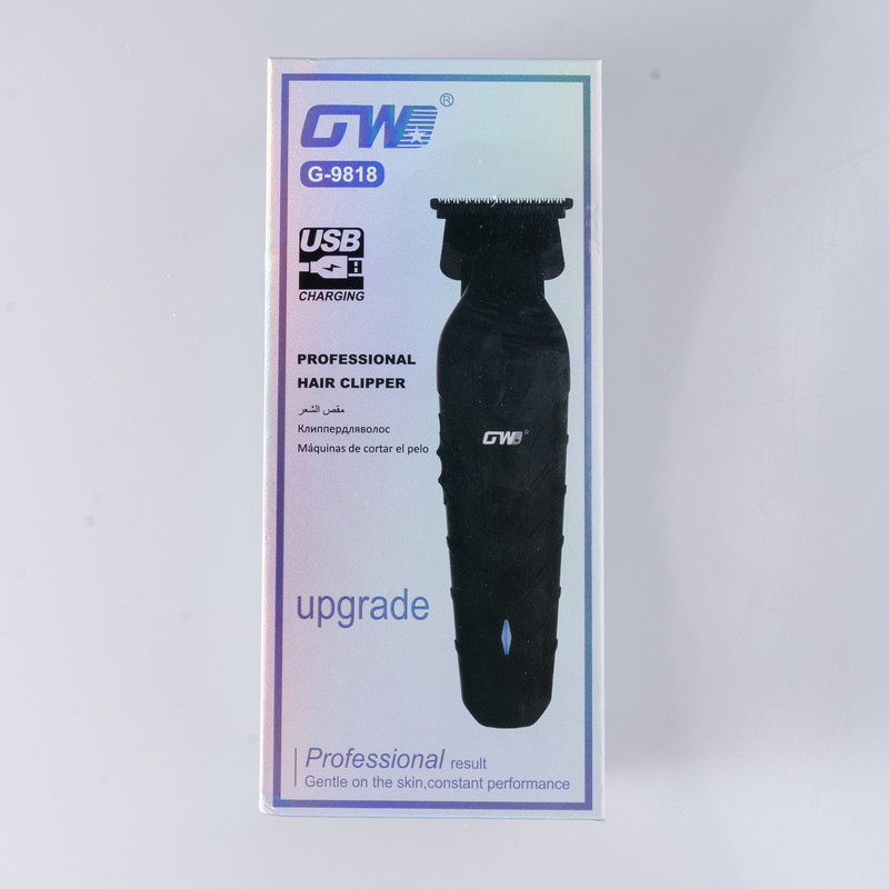 ماشین اصلاح موی سر و صورت جی دبلیو مدل G-9818، اصلاح به صورت صفر زن، خط زن، باقابلیت تنظیم سرعت و طراحی ارگونومیک، تکنولوژی اصلاح به صورت تریم، مدت زمان شارژ 120 دقیقه و مدت زمان استفاده پس از شارژ 100 دقیقه، دارای چراغ نشانگر عملکرد و شارژ و دو حالت سرعت