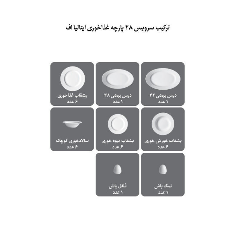 سرويس غذاخوری 28 پارچه چینی زرین ایران مدل ايتاليا اف کامومیلا کد 0128 درجه یک