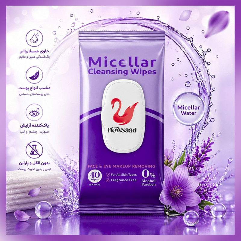 دستمال پاک کننده آرایش نیوساد مدل Micellat-W04 چهار بسته 40 عددی