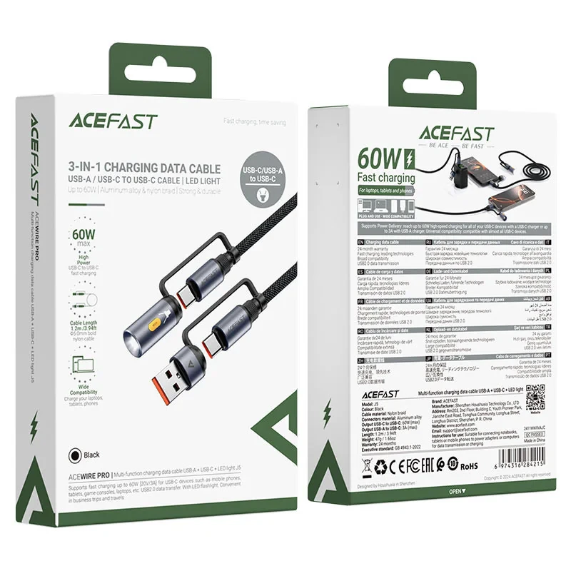 کابل تبدیل USBUSB-C به USB-C ایس فست مدل J5 طول 1.2 متر