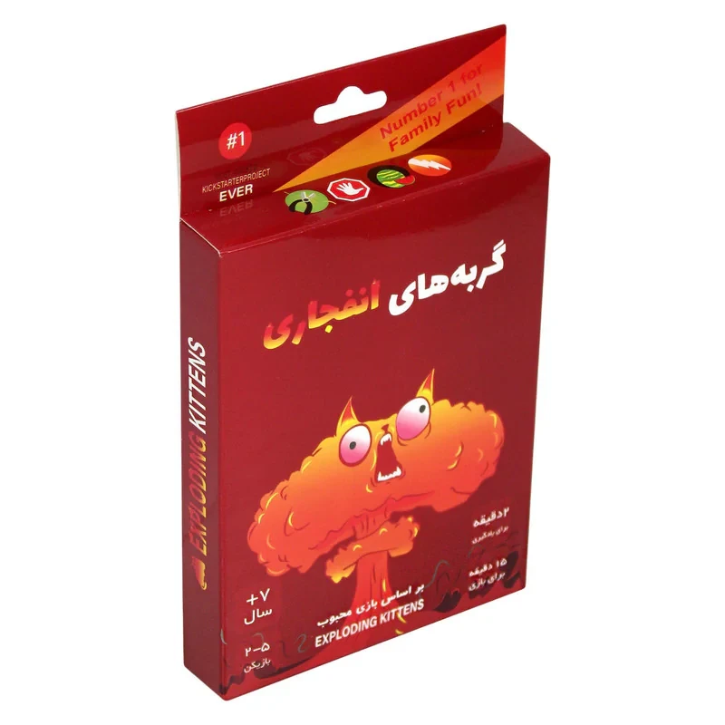 بازی فکری کارتی گربه‌های انفجاری مدل EXP KTN 02 مناسب 2 تا 5 نفر با ژانر استراتژی و رقابتی، رده سنی بالای 7 سال، مدت زمان کمتر از 30 دقیقه، شامل 56 کارت ویژه و 4 کارت راهنما