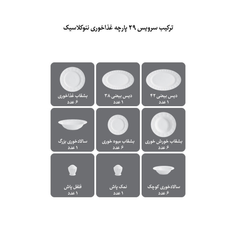سرویس غذاخوری 29 پارچه چینی زرین ایران سری نئوکلاسیک مدل ایساتیس پلاتینی درجه عالی