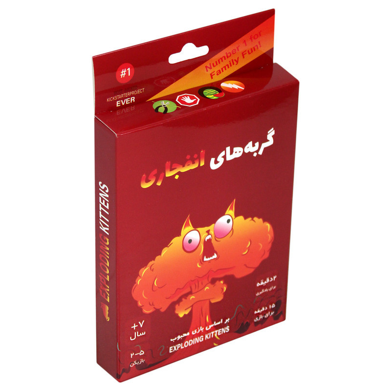 بازی فکری کارتی گربه‌های انفجاری مدل EXP KTN 02 مناسب 2 تا 5 نفر با ژانر استراتژی و رقابتی، رده سنی بالای 7 سال، مدت زمان کمتر از 30 دقیقه، شامل 56 کارت ویژه و 4 کارت راهنما