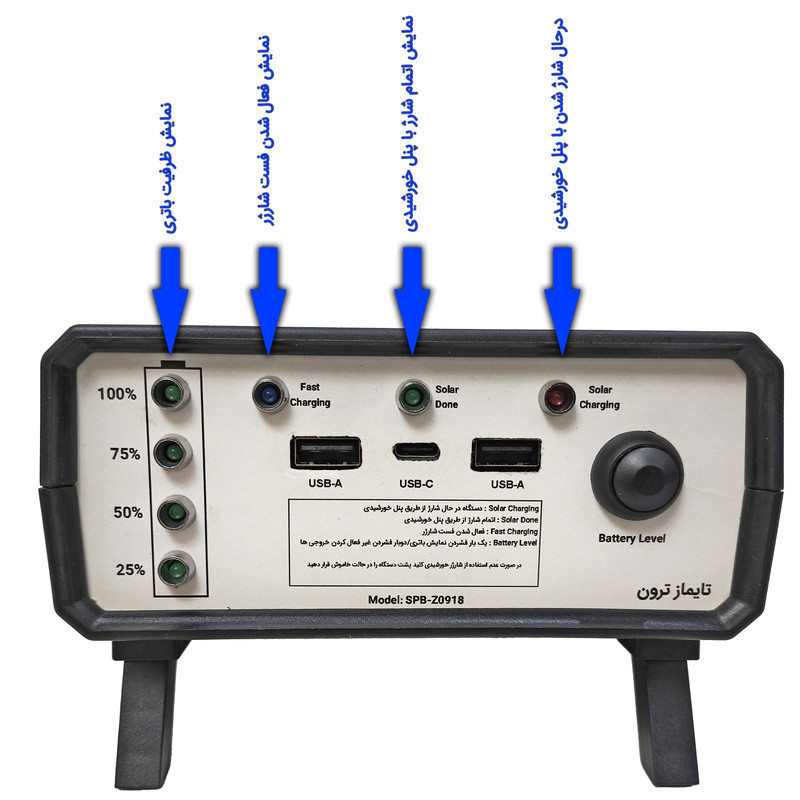 پاوربانک خورشیدی 18 وات تایماز ترون مدل SPB-Z0918 ظرفیت 20000 میلی امپر ساعت