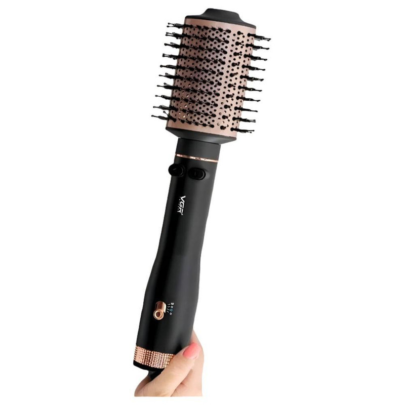 سشوار برس‌دار چرخشی 800 وات وی جی ار مدل V-494، موتور DC، وزن 300 گرم، المنت فلز، با قابلیت باد سرد، فناوری تولید یون، با قابلیت سیم گردان