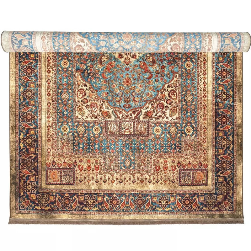 فرش ماشینی 1200 شانه زمینه کرم خاکی حاشیه سبز طرح هلنا کد25NH0010