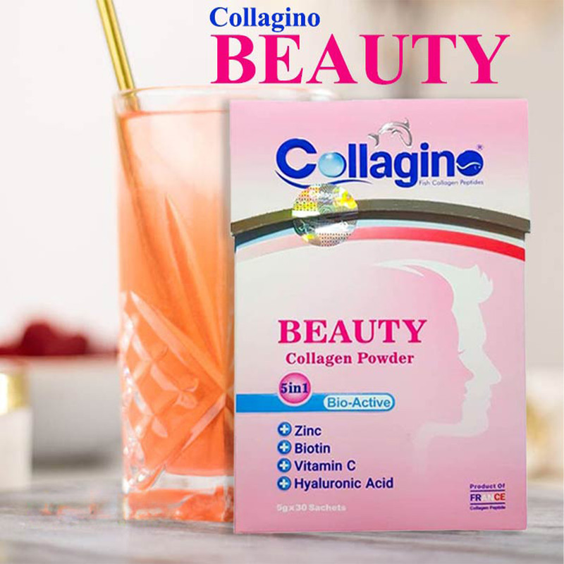 پودر کلاژن تقویت‌کننده پوست، مو و ناخن کلاژینو بیوتی مدل Beauty حاوی کلاژن پپتاید ماهی، ویتامین سی، زینک، بیوتین و هیالورونیک اسید، مکمل 5 در 1 ضدپیری و آنتی‌اکسیدان ساخت فرانسه، بسته 30 عددی