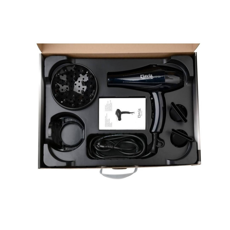 سشوار حرفه‌ای 2300 وات فلاویا مدل FL-6500، موتور AC، وزن 400 گرم، دارای سری دیسپانسر، متمرکز‌کننده باریک، متمرکز‌کننده پهن با ویژگی فرکنندگی، صاف‌کنندگی، حجم‌دهندگی، با قابلیت باد سرد