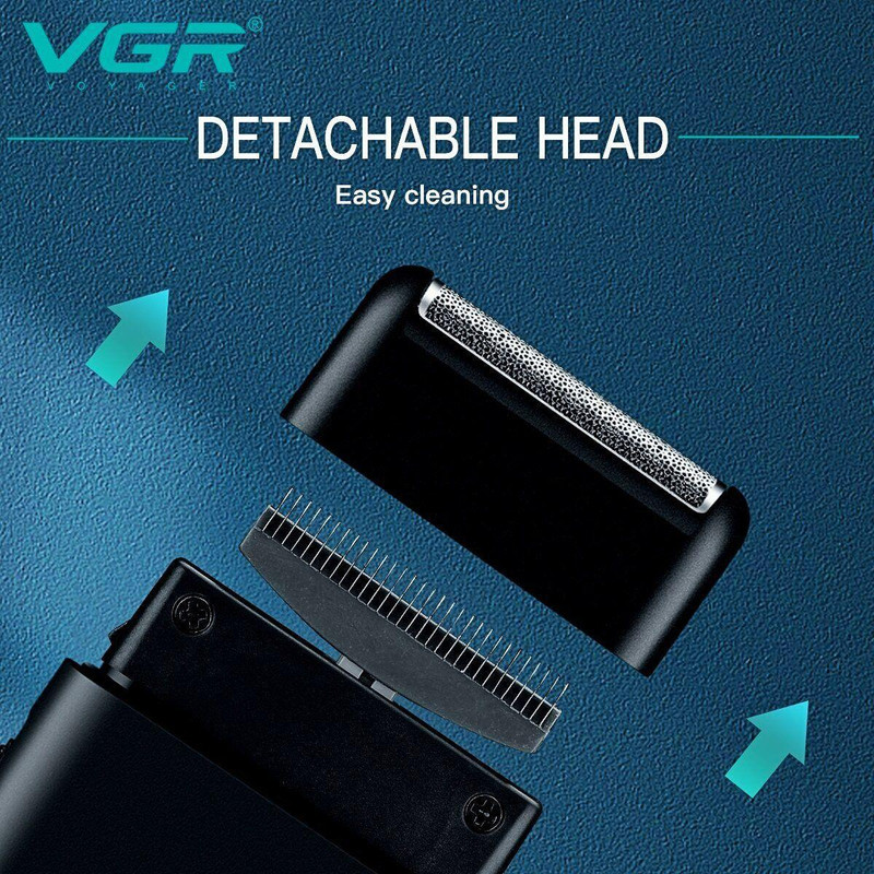ماشین اصلاح موی صورت وی جی آر مدل V-390 با تیغه استیل ضد زنگ، تکنولوژی شیو فویلی، باتری قابل شارژ با 45 دقیقه زمان استفاده و طراحی ارگونومیک