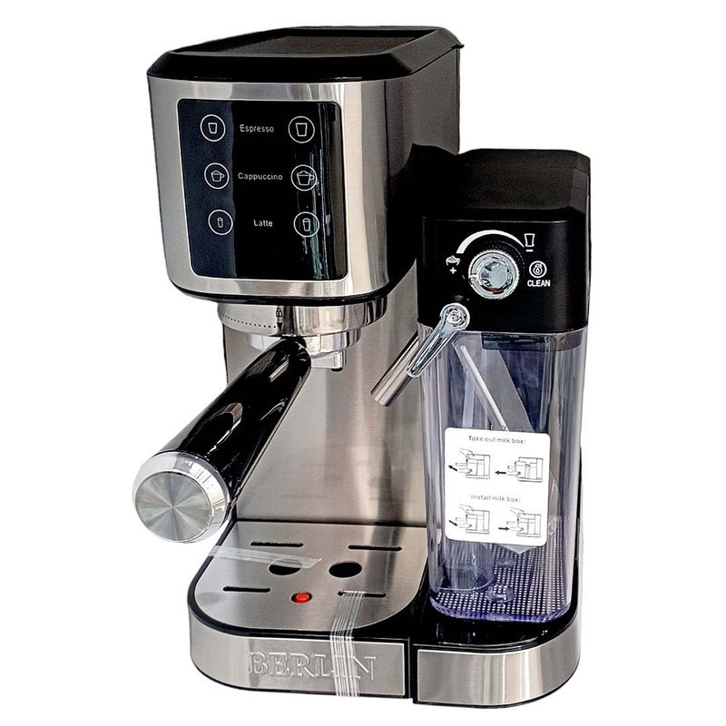 اسپرسوساز 1000 میلی‌لیتری برلین مدل BE-1700، مناسب تهیه اسپرسو و کاپوچینو، دارای 1 عدد نازل قهوه، حالت آماده به کار، سیستم گرم کردن فنجان