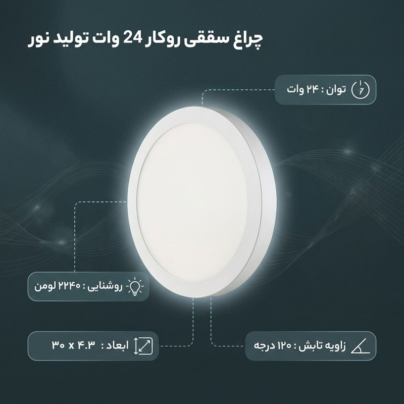 چراغ سقفی روکار 24 وات تولید نور مدل ان آرام 24