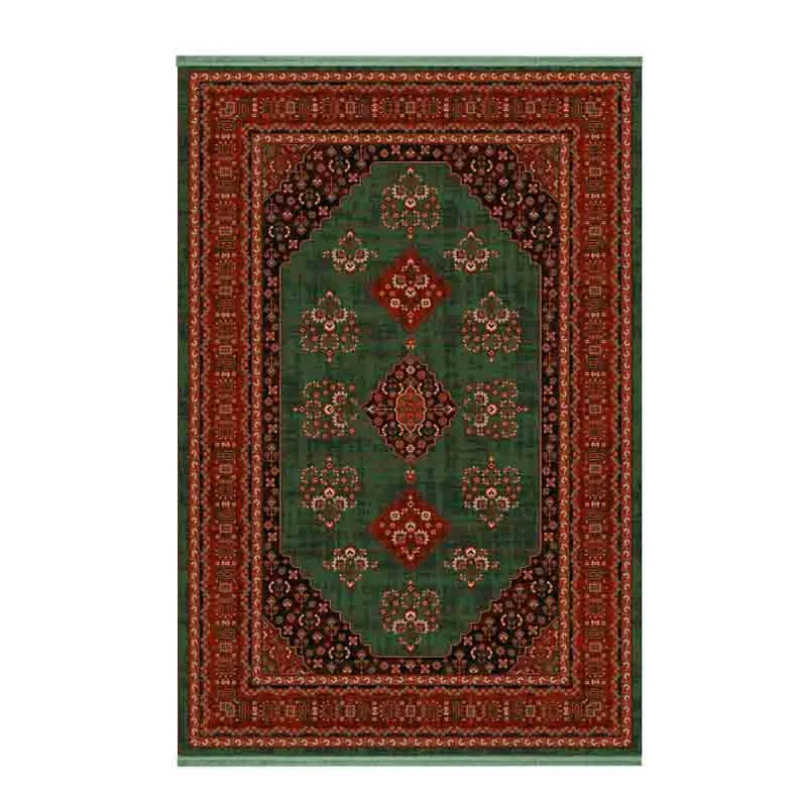 فرش ماشینی 700 شانه فرش ابریشمی کرامتیان زمینه سبز حاشیه لاکی مدل طرح بلوچی کد 5104B