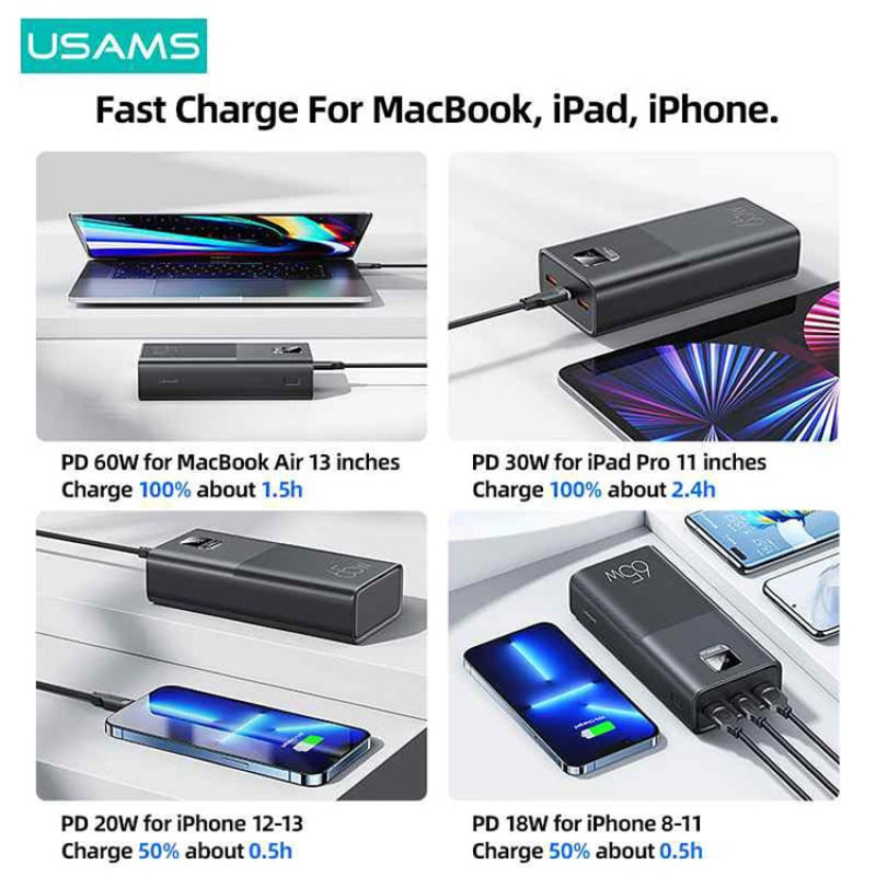 پاوربانک یوسمز مدل CD185 ظرفیت 30000 میلی آمپر ساعت به همراه کابل USB-C
