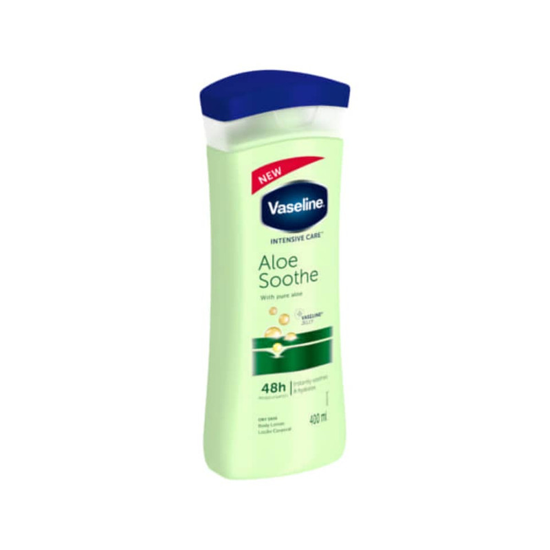 لوسیون نرم‌کننده بدن وازلین مدل Aloe Soothe حجم 400 میلی‌لیتر حاوی آلوئه ورا و ویتامین E با ماندگاری رطوبت تا 48 ساعت و مناسب پس از استحمام