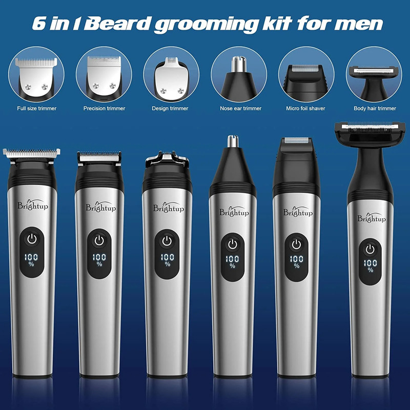 ماشین اصلاح موی سر و صورت برایتاپ مدل YH-7282 با تیغه استیل ضد زنگ، قابلیت تنظیم سرعت و طول اصلاح در 10 حالت، ضد آب با استاندارد IPX6، باتری قابل شارژ با نمایشگر LCD و عملکرد توربو، همراه 8 شانه متنوع و سری قابل تعویض برای اصلاح سر، صورت و بدن