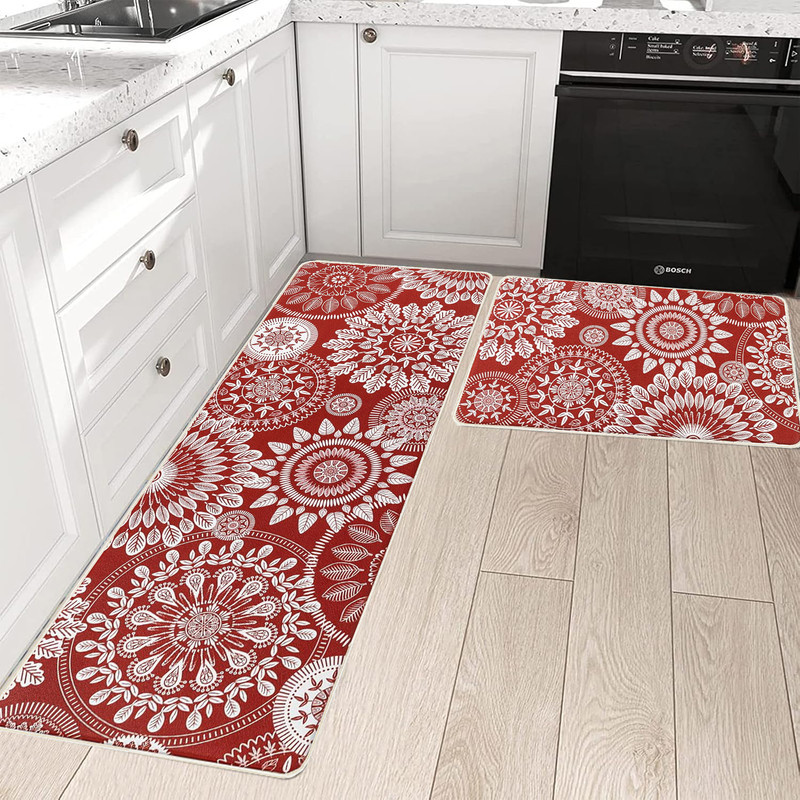 فرش ماشینی 200 شانه زمینه قرمز حاشیه سفید مدل چاپی طرح آشپزخانه اورکوم کد kitchen.5006.01 بسته دو عددی