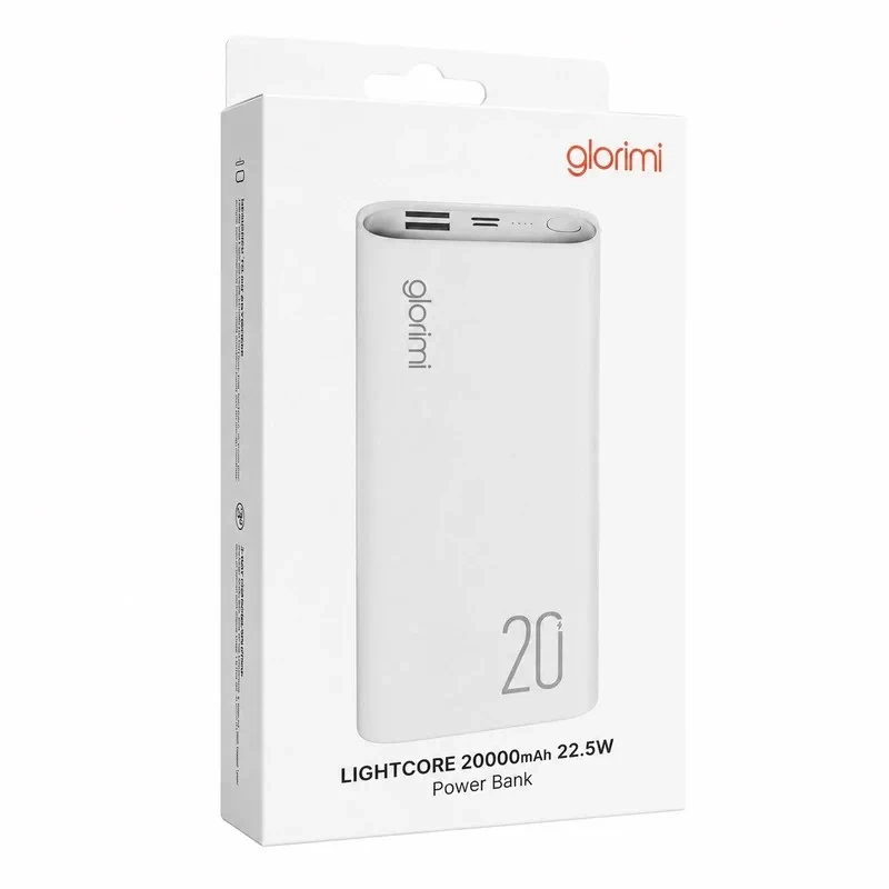 پاوربانک 22.5 وات گلوریمی مدل LIGHTCORE ظرفیت 20000 میلی‌آمپرساعت به همراه کابل USB-C