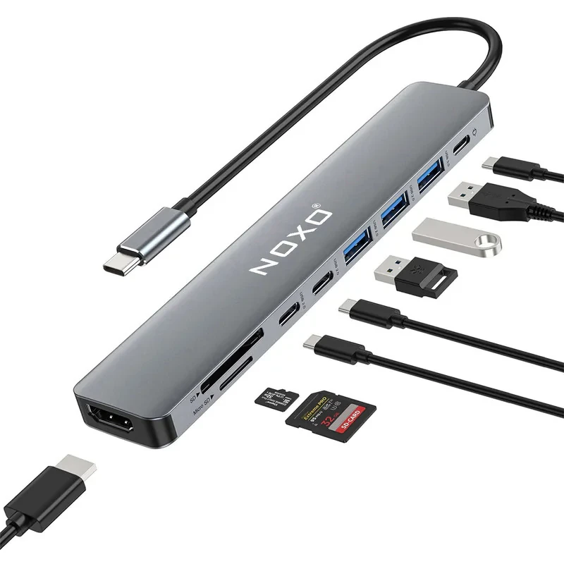 هاب 9 پورت USB-C نوکسو مدل HUB-N1 9in1 با پشتیبانی شارژ PD 100 وات، HDMI 4K، USB 3.0 و کارت‌خوان SDTF