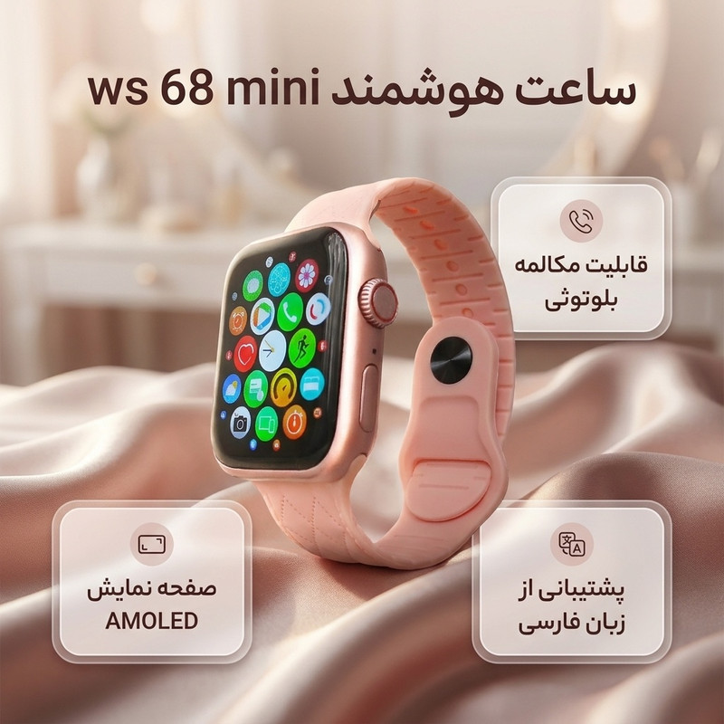 ساعت هوشمند مدل ws 68 mini با قابلیت صفحه نمایش رنگی و لمسی، کنترل موسیقی، کنترل سطح اکسیژن خون، مکالمه با بلوتوث، پشتیبانی از زبان فارسی و امکان تغییر تم ساعت و بند فلزی