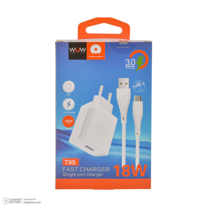 شارژر دیواری 18 وات دبلیو یو دبلیو مدل T95 به همراه کابل USB به USB-C طول 1 متر