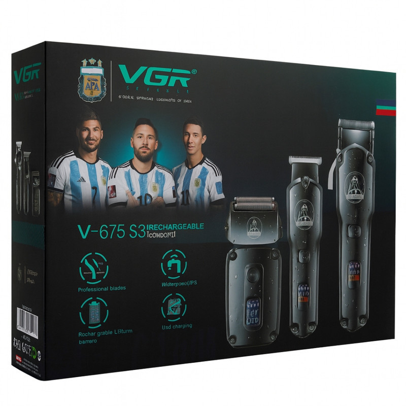 ست ماشین اصلاح موی صورت و بدن شارژی وی جی ار مدل V-675 S3 مجموعه سه عددی