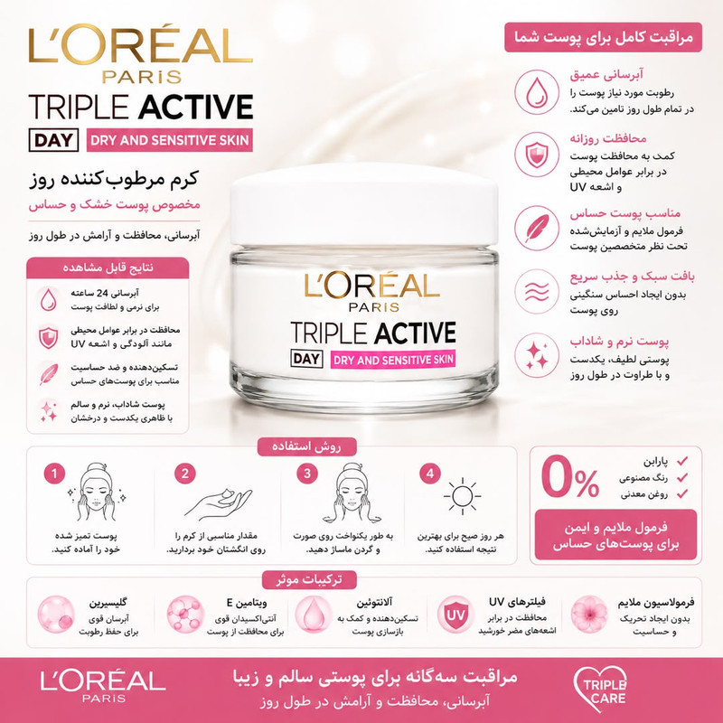 کرم ضد چروک روز لورآل مدل Triple Active Dry Sensitive مناسب برای پوست خشک حجم 50 میلی لیتر