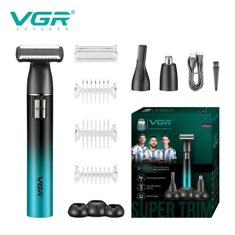 ست ماشین اصلاح موی صورت و بدن شارژی وی جی ار مدل V-628، صفر زن با تیغه‌های خودتیزشونده، دارای موزن گوش، بینی و ابرو، شارژدهی 60 دقیقه‌ای، همراه با 4 شانه و استند شارژ