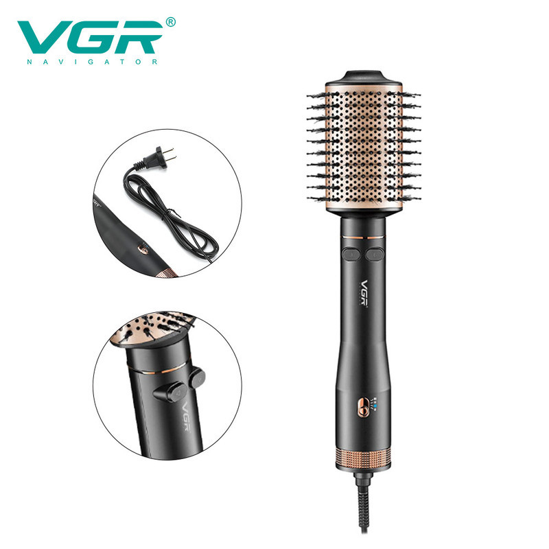 سشوار برس‌دار چرخشی 800 وات وی جی ار مدل V-494، موتور DC، وزن 300 گرم، المنت فلز، با قابلیت باد سرد، فناوری تولید یون، با قابلیت سیم گردان