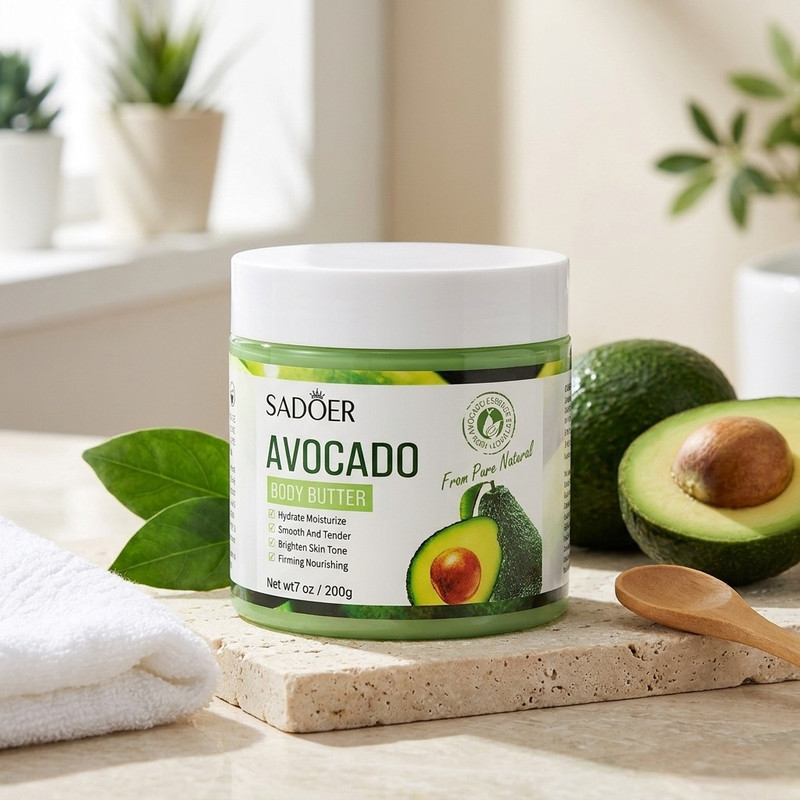 کره بدن آووکادو سادور مدل AVOCADO وزن 200 گرم مرطوب‌کننده سبک، ضد خشکی و ضد التهاب، مناسب انواع پوست با خواص آنتی‌اکسیدانی و ترمیم‌کننده