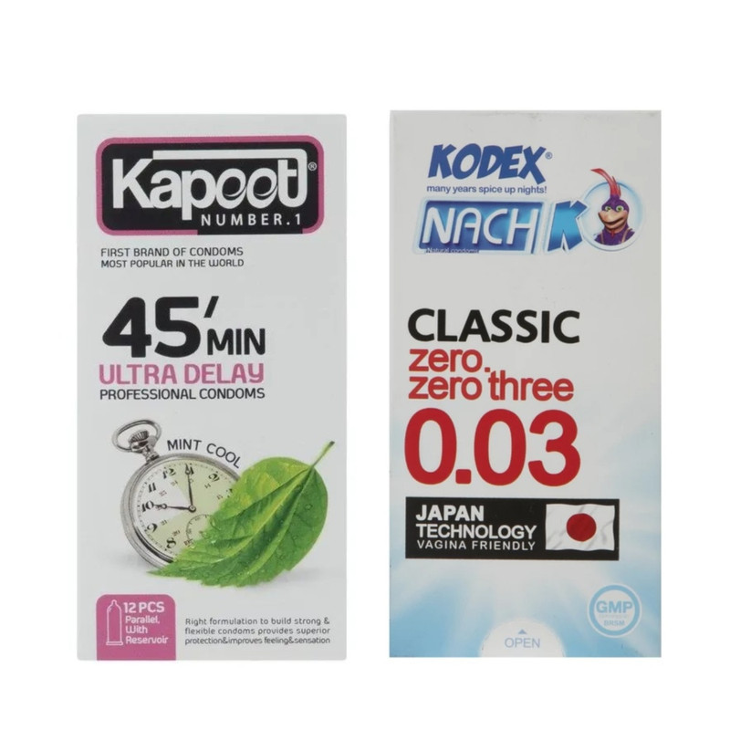 کاندوم ناچ کدکس مدل کلاسیک 0.03 بسته 10 عددی به همراه کاندوم تاخیری کاپوت مدل 45 دقیقه بسته 12 عددی