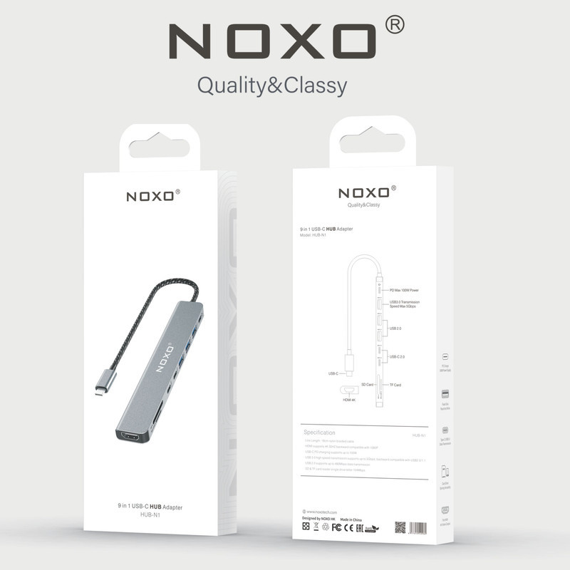 هاب 9 پورت USB-C نوکسو مدل HUB-N1 9in1 با پشتیبانی شارژ PD 100 وات، HDMI 4K، USB 3.0 و کارت‌خوان SDTF