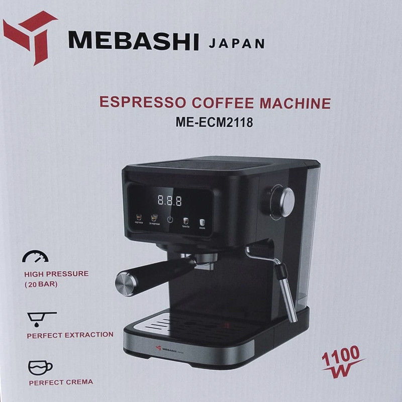 اسپرسو ساز خانگی 1.5 لیتری مباشی مدل ME-ECM2118، نیمه اتوماتیک با مصرف پودر قهوه، مناسب تهیه اسپرسو، کافه لاته، کاپوچینو، ماکیاتو، ریسترتو، لانگو و امریکانو، دارای یک عدد نازل قهوه، سیستم گرم کردن فنجان